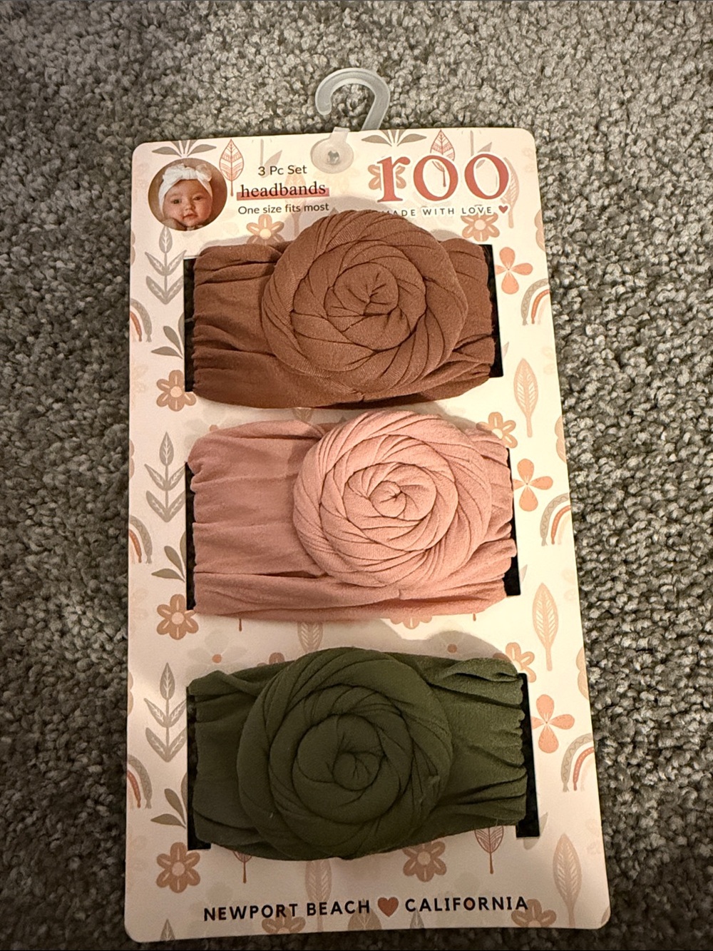 3-Pack Rosette Headbands - Brown, Dusty Pink & Olive
